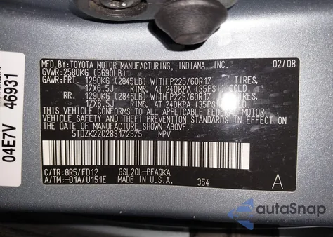 2008 Toyota Sienna Xle из США, поврежденный, VIN 5TDZK22C28S172575